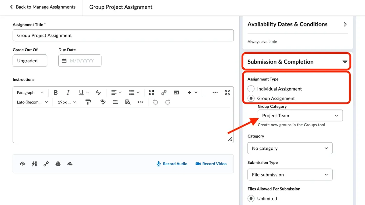 Instructor assigning work to small groups in Brightspace on a laptop