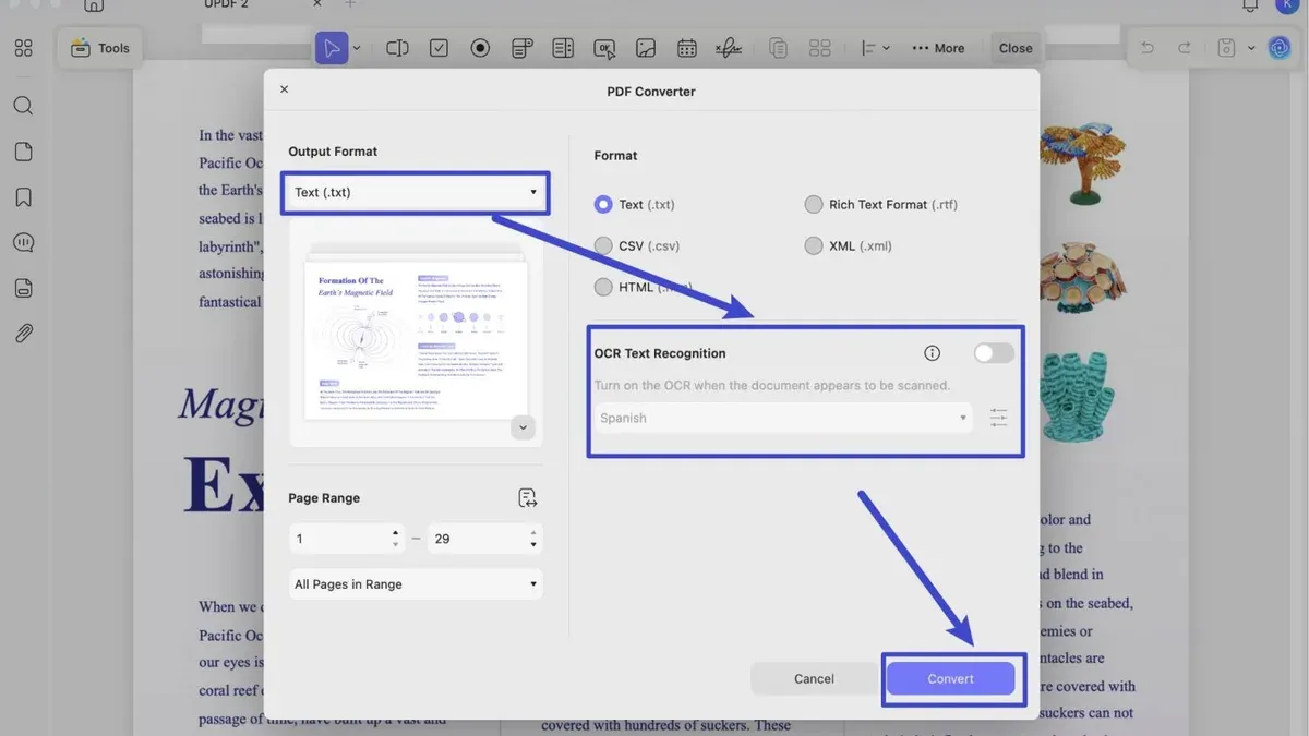 Mac screen displaying conversion of scanned PDF to editable text on Mac