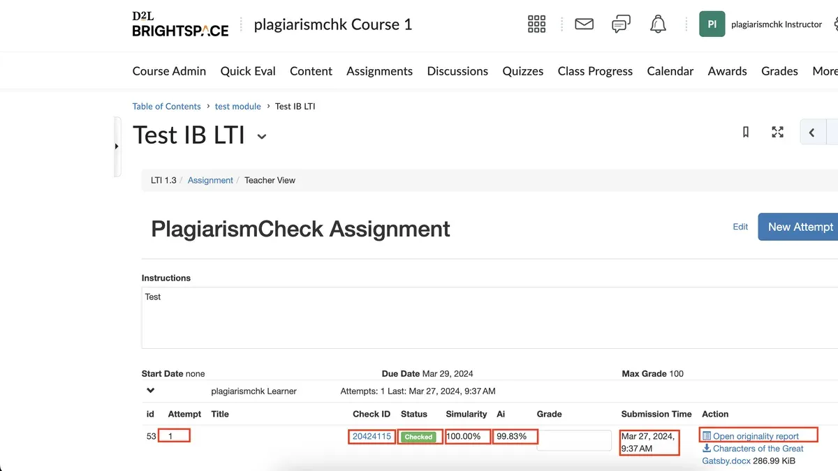 Instructor reviewing plagiarism concerns in Brightspace on laptop screen