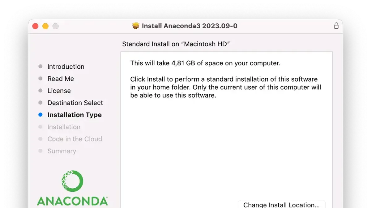 How to install Anaconda on Mac shown on MacBook screen during installation