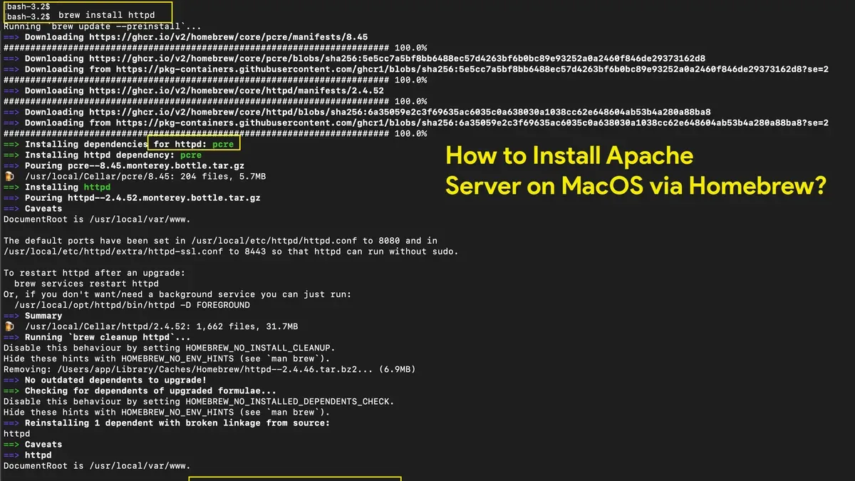 MacBook screen displaying terminal with commands to install Apache on Mac
