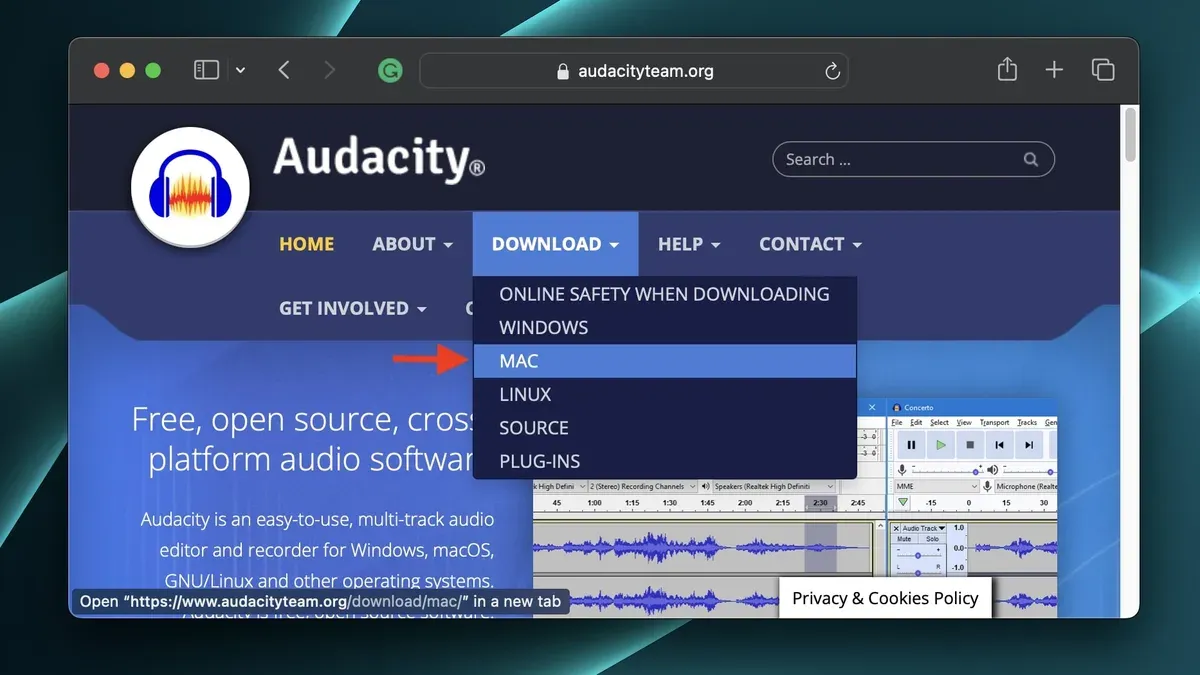 How to install Audacity on Mac showing installation process on MacBook screen