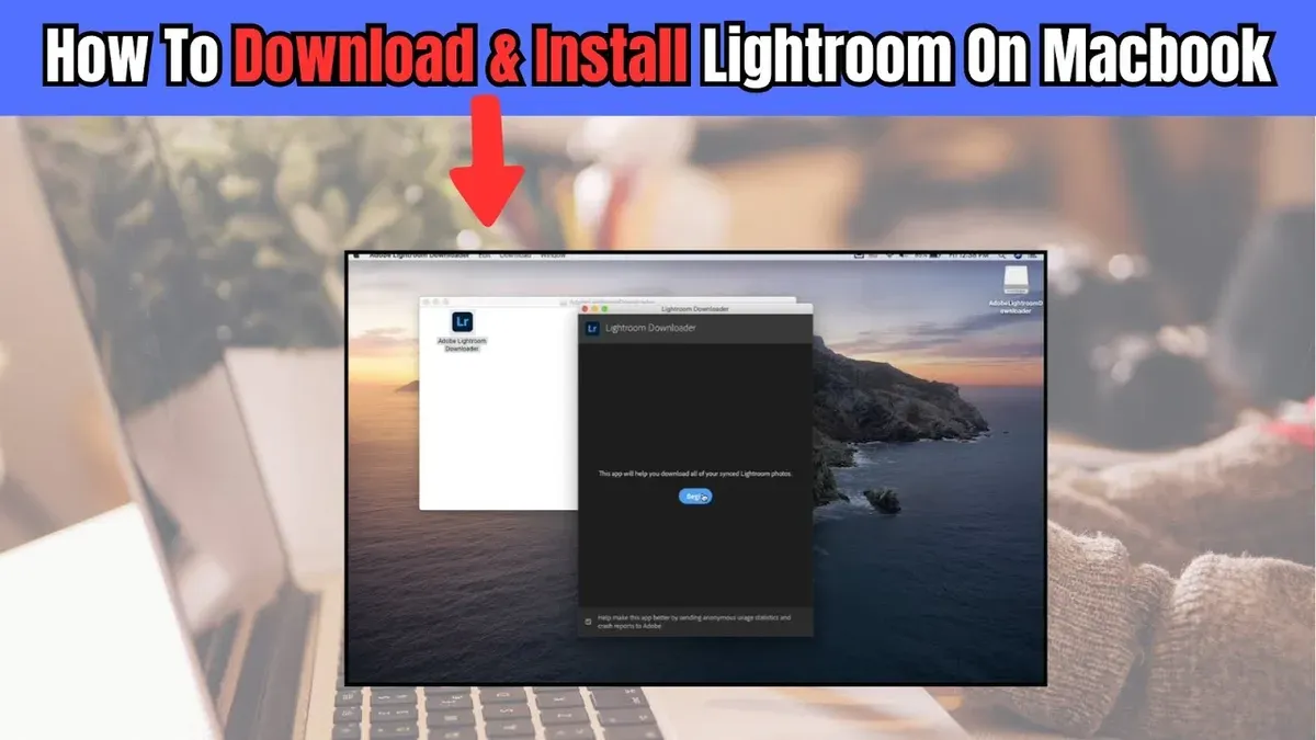How to install Lightroom on Mac shown on MacBook screen with installation process