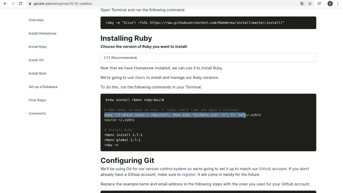Terminal window showing commands to install Ruby with rbenv on Mac