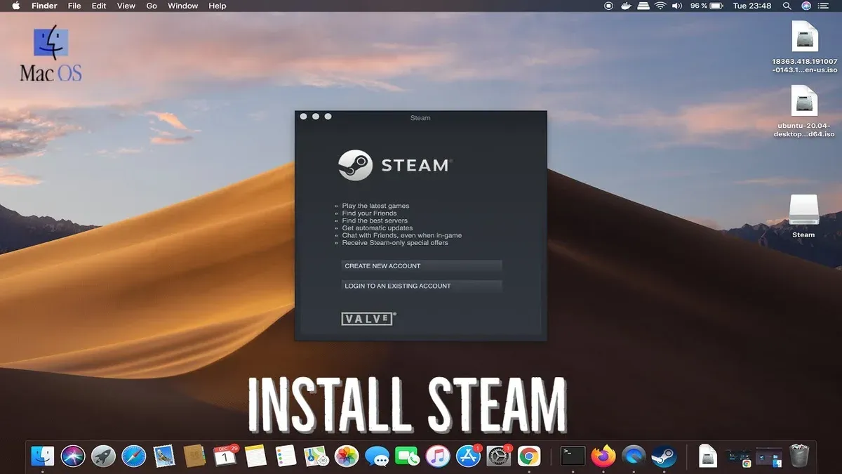 How to install Steam on Mac shown on MacBook screen during setup