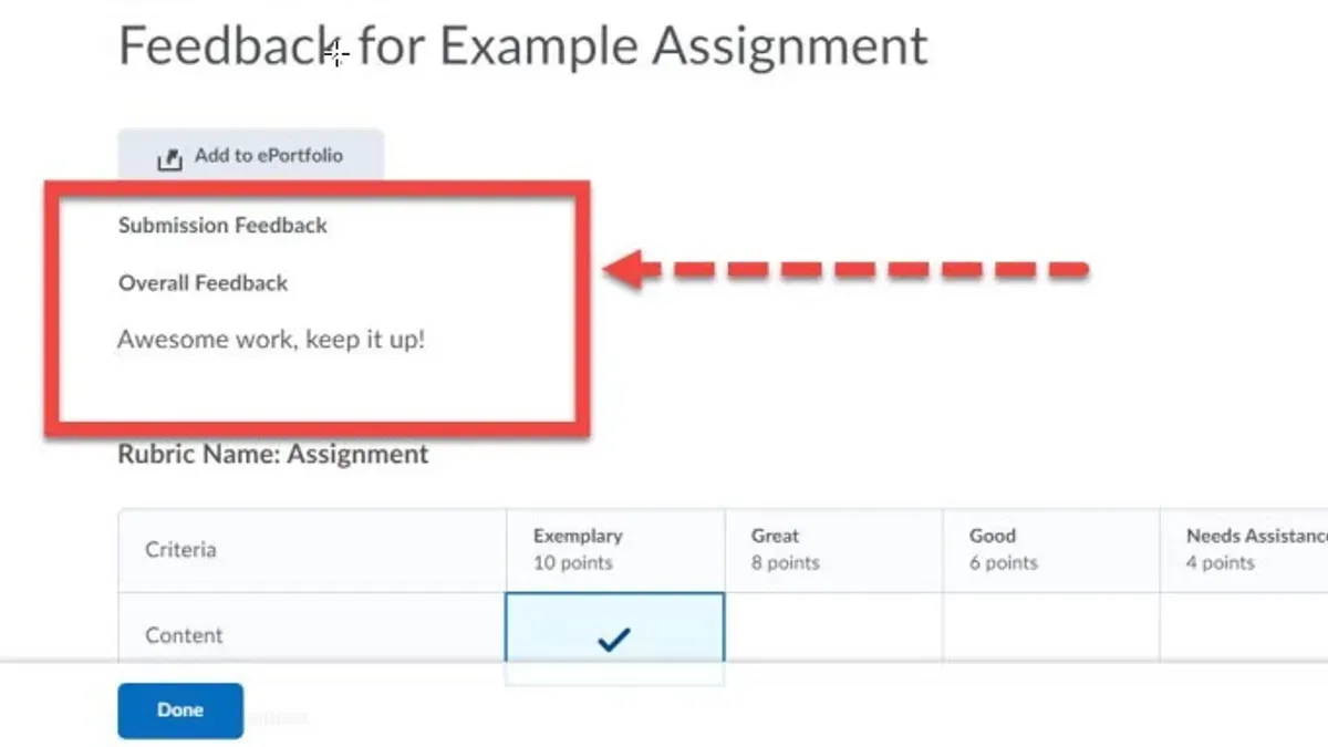Teacher leaving clear, effective feedback on student work in Brightspace on laptop