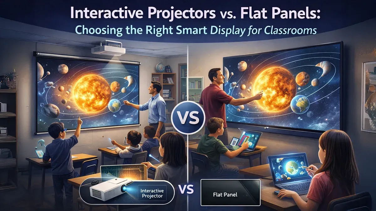 Teacher using interactive flat panel with students, moving from classroom projector to interactive flat panel checklist