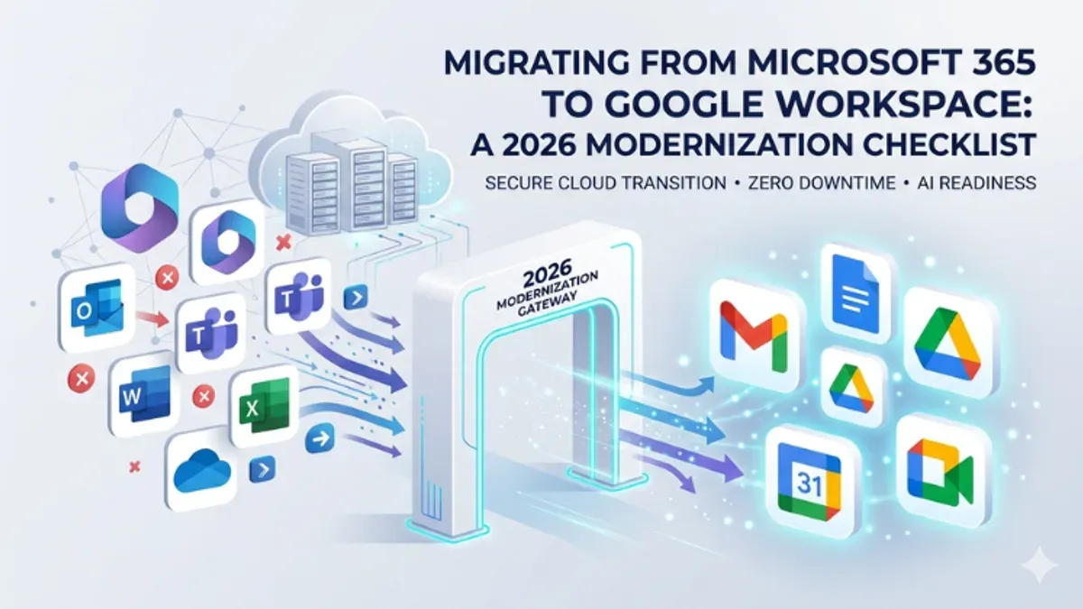 IT leader using moving from Microsoft 365 to Google Workspace checklist on laptop