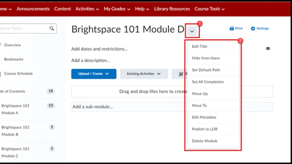 Instructor organizing units and modules in Brightspace on a laptop for clear course navigation
