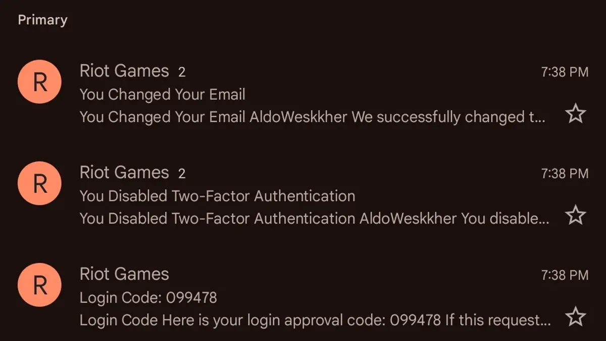 User recovering and protecting a Riot Games account after a hack on a computer screen