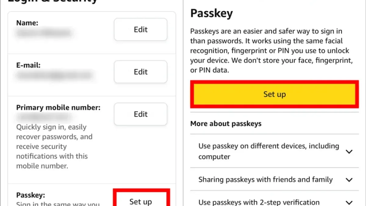 Person setting up a passkey for Amazon on a smartphone