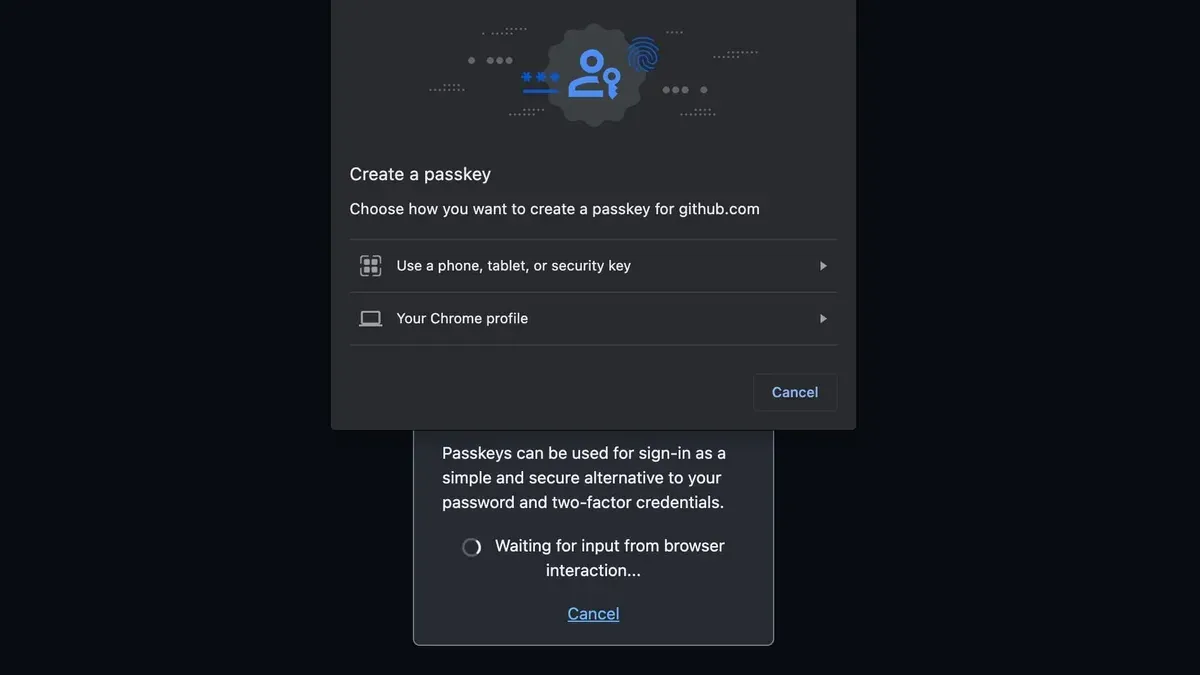 User setting up a passkey for GitHub on a laptop with smartphone authentication
