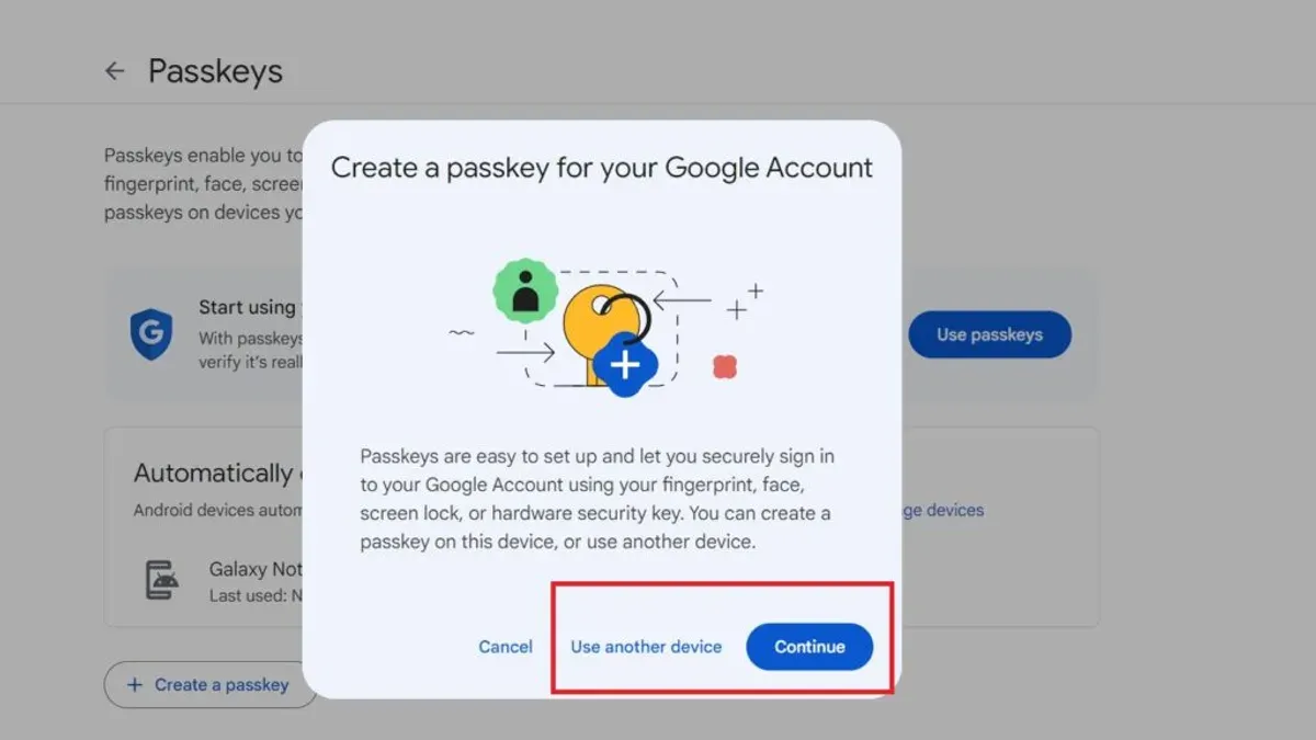 User setting up a passkey for Google account on smartphone and laptop