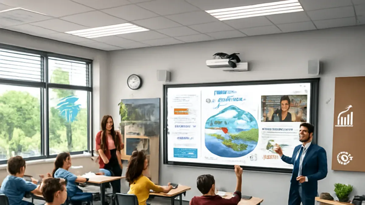 Students engaged with a SMART Board during an after-school program rollout plan session