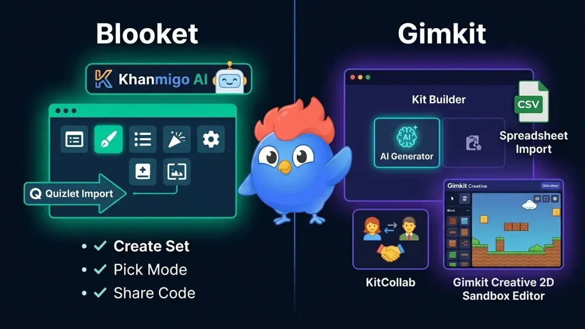 Teacher assisting students switching from Blooket to Gimkit during classroom quiz session