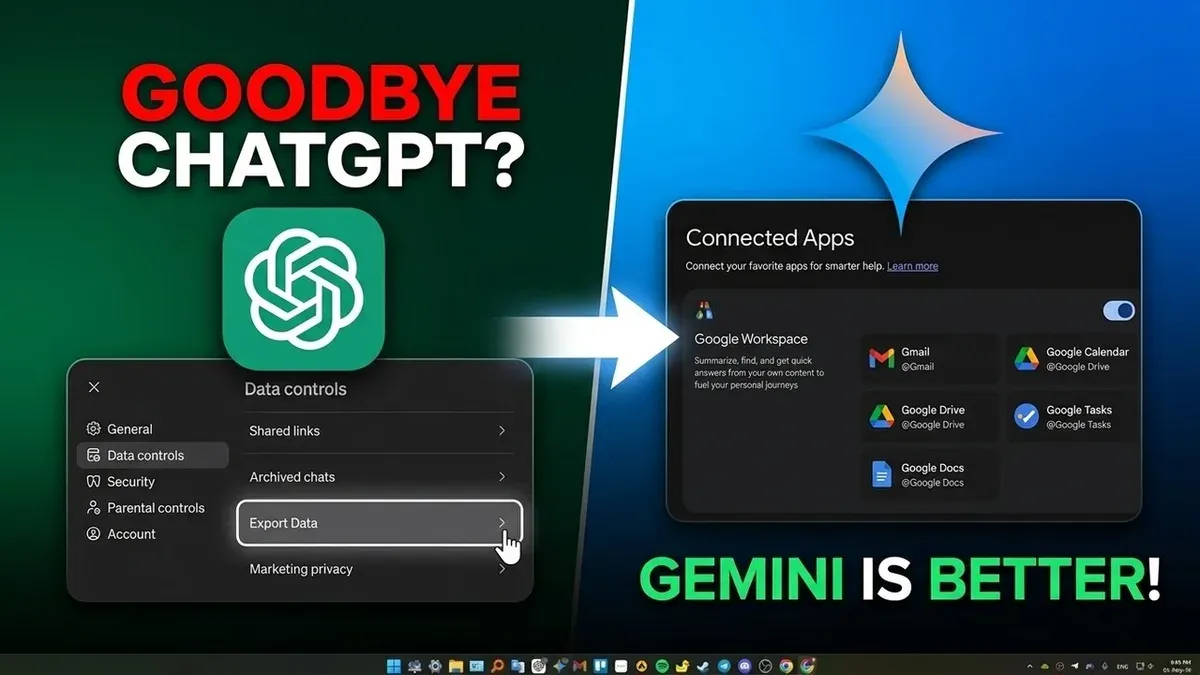 User switching from ChatGPT to Google Gemini on laptop in office setting