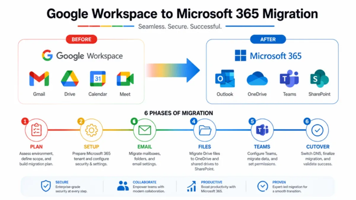Business team collaborating around a laptop on switching from Google Workspace to SharePoint