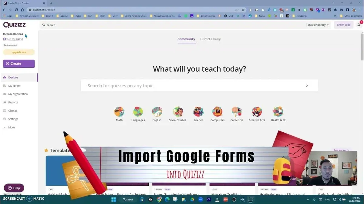Educator switching from Quizizz to Google Forms on laptop in classroom