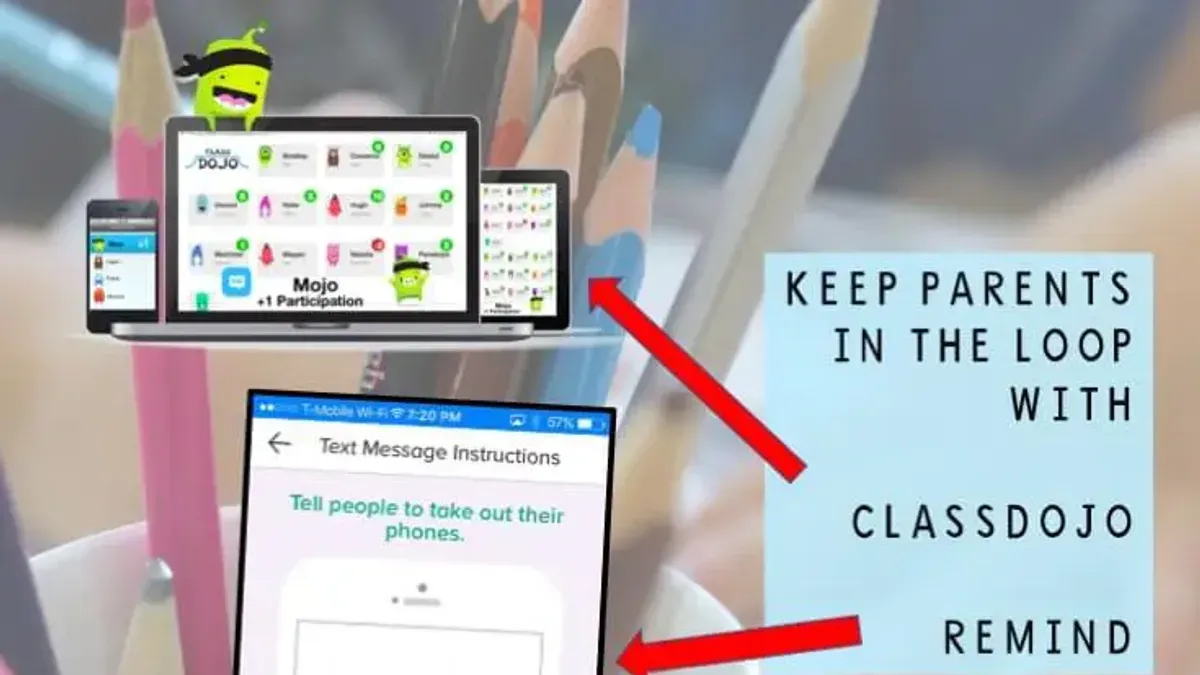 Teacher managing classroom while switching from Remind to ClassDojo on tablet
