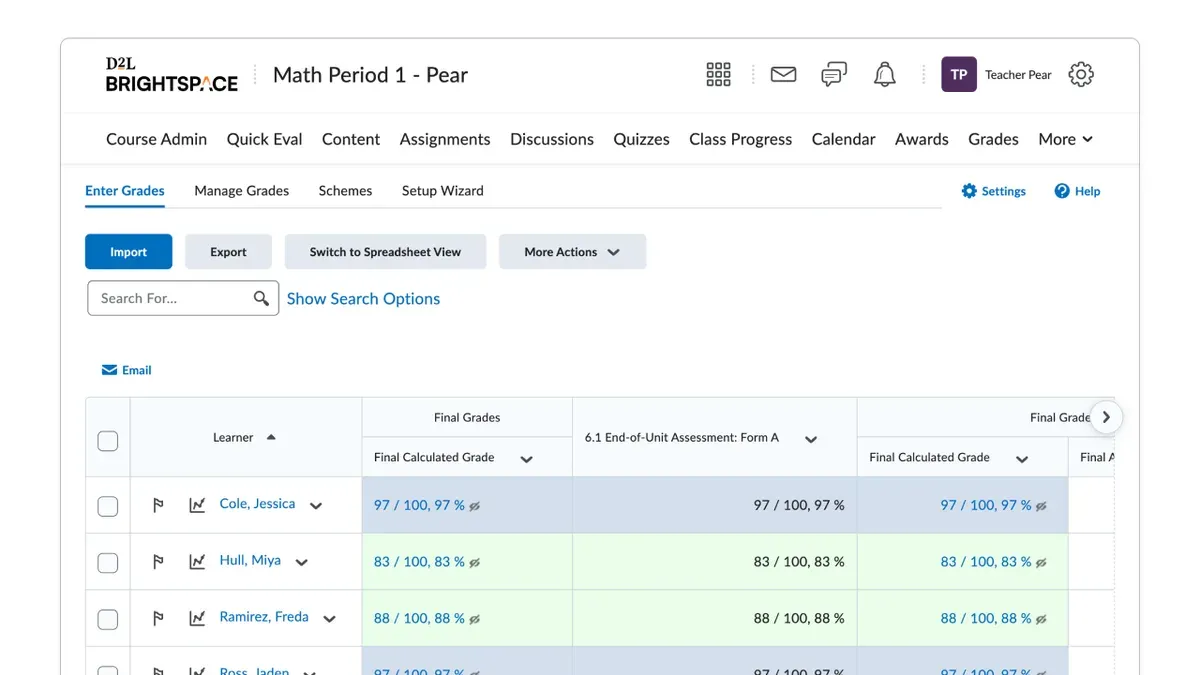Instructor syncing grades with the student information system in Brightspace on a laptop