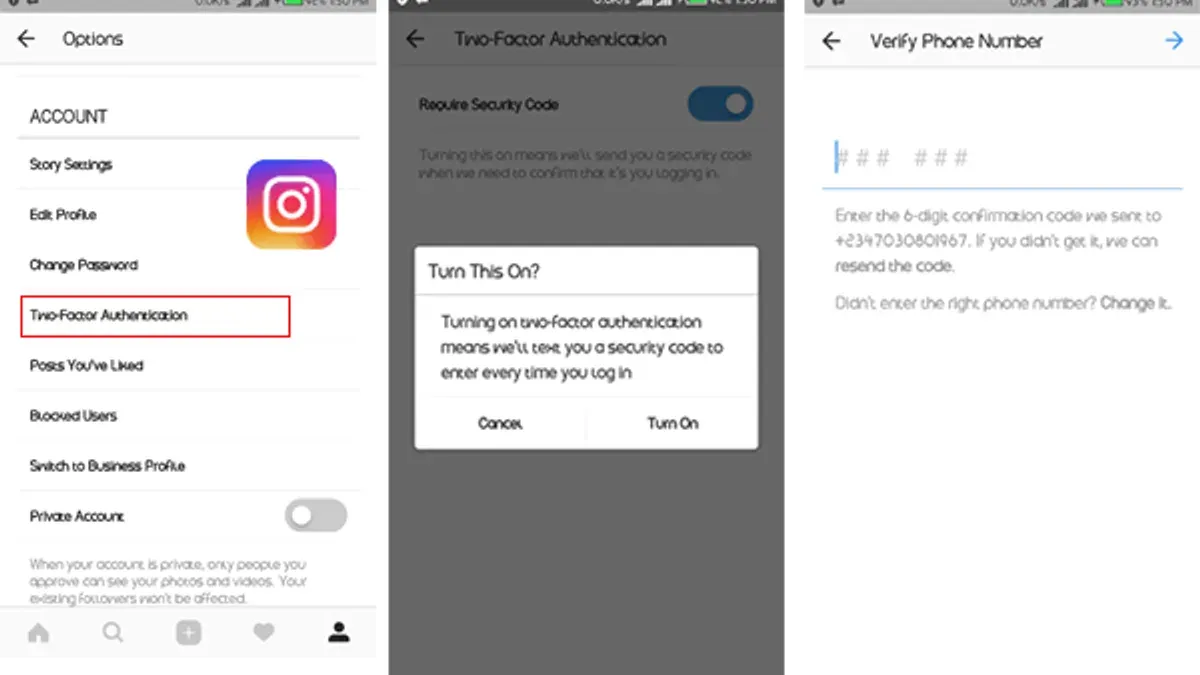 Person enabling two-factor authentication on Instagram app for enhanced account security