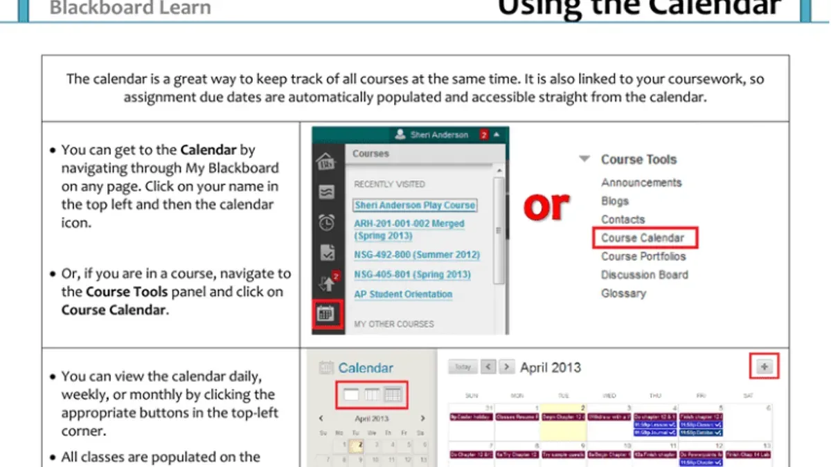 Student viewing how to use the class calendar in Blackboard on laptop screen