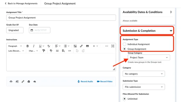 Instructor assigning work to small groups in Brightspace on a laptop