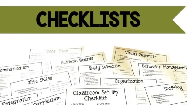 Special education teacher using Canvas course structure checklist on laptop with students