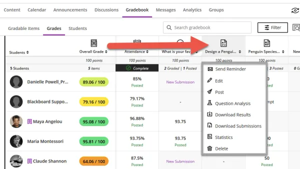 Teacher grading student work efficiently in Blackboard on a laptop