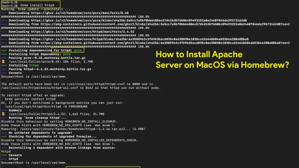 MacBook screen displaying terminal with commands to install Apache on Mac