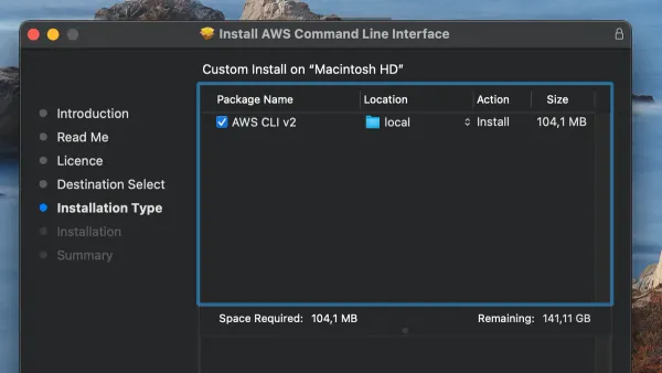 Mac terminal showing commands for how to install AWS CLI on Mac