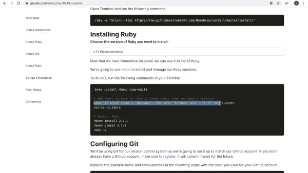 Terminal window showing commands to install Ruby with rbenv on Mac
