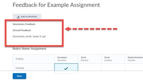 Teacher leaving clear, effective feedback on student work in Brightspace on laptop