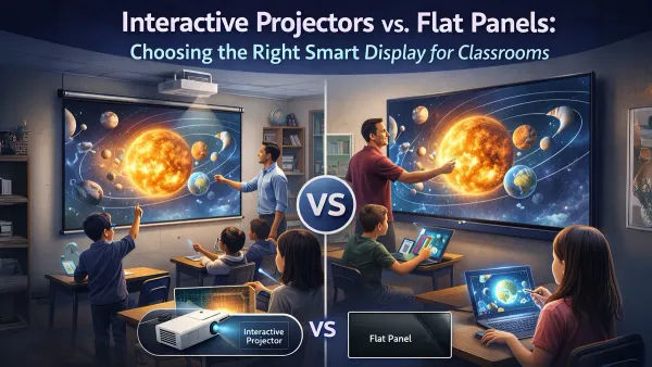 Teacher using interactive flat panel with students, moving from classroom projector to interactive flat panel checklist