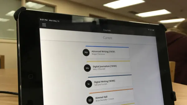 Moving from iPads to Chromebooks checklist shown during staff training in classroom