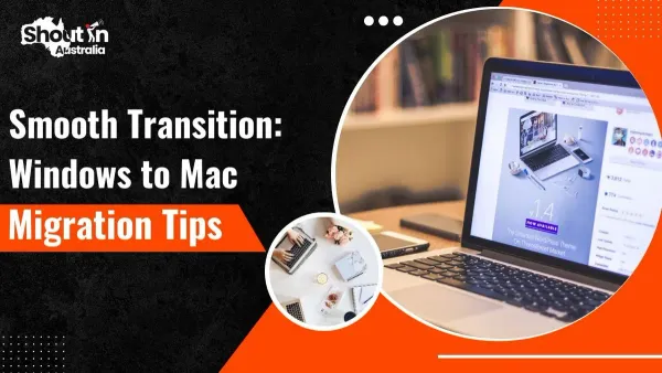 Moving from MacBooks to Windows laptops checklist shown with a person setting up a Windows laptop beside a MacBook