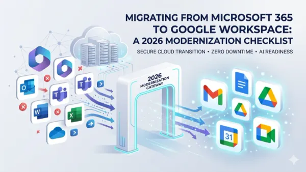 IT leader using moving from Microsoft 365 to Google Workspace checklist on laptop