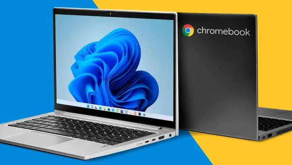 Moving from Windows laptops to Chromebooks checklist shown with office workers setting up devices