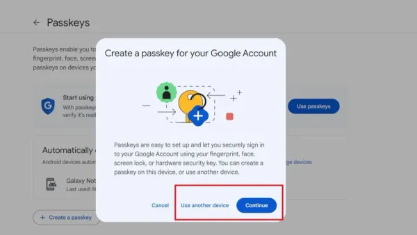 User setting up a passkey for Google account on smartphone and laptop