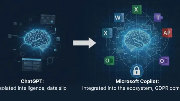 User switching from ChatGPT to Microsoft Copilot on a laptop with Microsoft 365 apps open