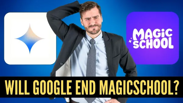 Teacher using MagicSchool AI software on laptop showing switching from Google Gemini to MagicSchool AI